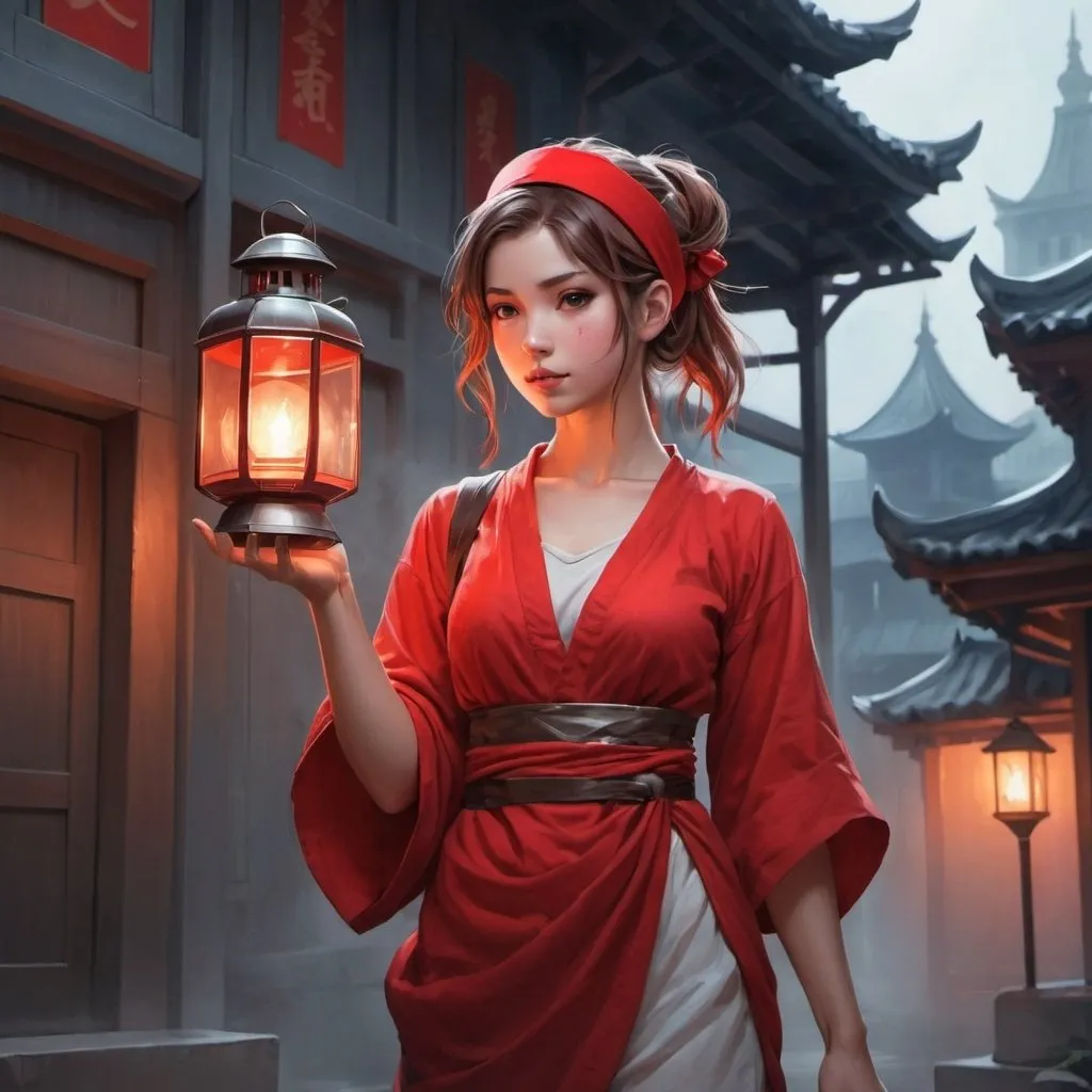 Prompt: a girl in a red headband standing in front of a building with a lantern in her hand and a lantern in her hand, Artgerm, fantasy art, anime art style, a detailed painting