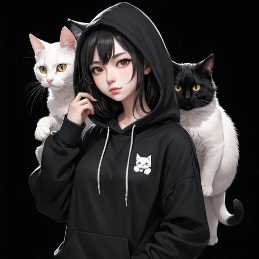 Prompt: a woman in a black outfit with a hoodie on and a cat on her shoulder, standing in front of a black background, Fan Qi, computer art, anime girl, an anime drawing