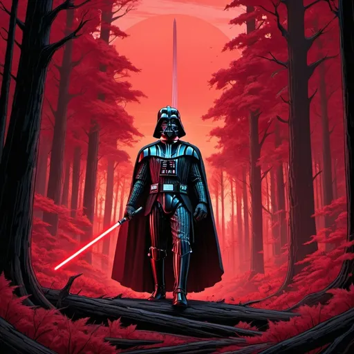 Prompt: darth vader in a red forest holding a sword with a red background and a red sky behind him,, Dan Mumford, sots art, star wars, concept art