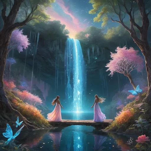 Prompt: Imagine a loving lesbian couple in an enchanting fantasy world. They are holding hands as they walk through a magical forest where the trees are made of crystalline structures that glow softly in various colors. Their outfits are intricately designed with flowing fabrics that shimmer with every movement, adorned with delicate patterns inspired by nature. The sky above them is filled with floating islands and glowing, ethereal creatures that flutter around, casting a gentle light. In the distance, a grand waterfall cascades down into a sparkling lake, where the water reflects the vibrant colors of the sky. Around them, the air is filled with the soft music of nature, and bioluminescent flowers bloom as they pass by, lighting their path. The couple shares a tender moment, surrounded by the beauty and wonder of this dreamlike world, where love and magic intertwine