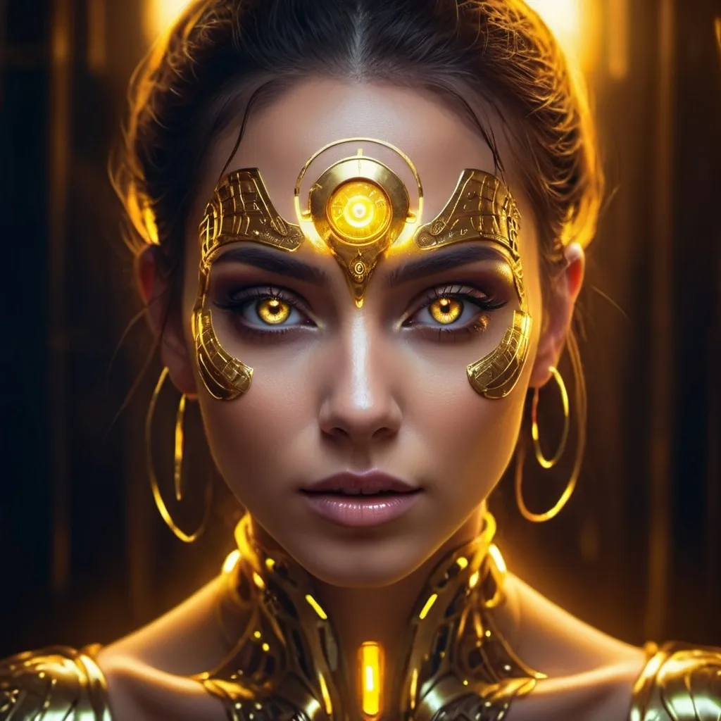 Prompt: a woman with glowing eyes and gold makeup is shown in this artistic photo by a light source for the image, Artgerm, fantasy art, luminous, cyberpunk art