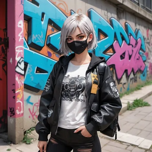 Prompt: a girl with a mask and a jacket on standing in front of a wall with graffiti on it and a handbag, Aya Goda, graffiti, anime art, cyberpunk art