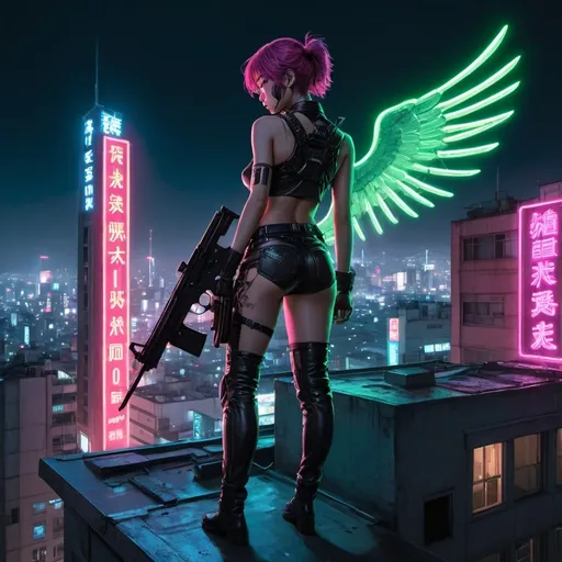 Prompt: a woman with a gun on top of a building in a city at night with a neon sign reading angel, Ayami Kojima, retrofuturism, cyberpunk, cyberpunk art