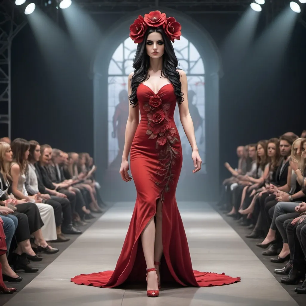 Prompt: a woman in a red dress with a flower in her hair and a flower in her hair, walking down a runway, Anne Stokes, gothic art, fullbody, a statue