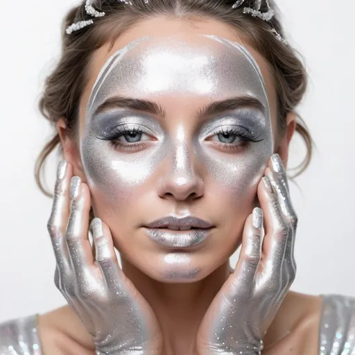 Prompt: a woman with silver glitter on her face and hands near her face and a white background with a white background, Celia Fiennes, holography, airbrush, an airbrush painting