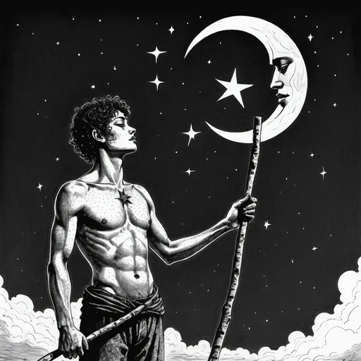 Prompt: a drawing of a man holding a stick and a fire in his hand, with stars and a crescent above, Apollonia Saintclair, fantasy art, dark fantasy art, an ink drawing