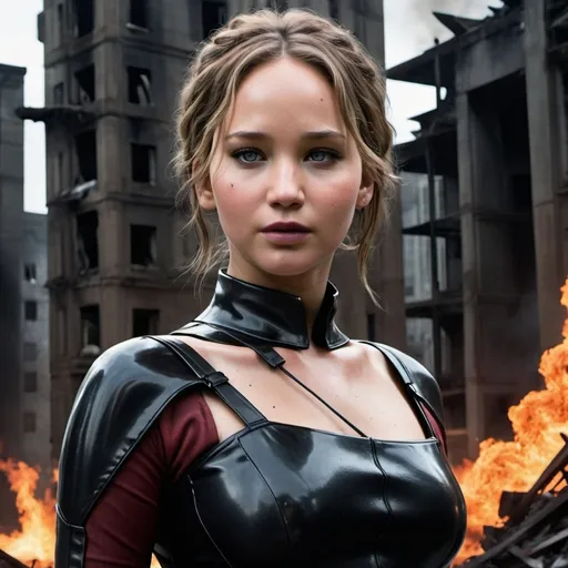 Prompt: Imagine Jennifer Lawrence as a dark and formidable villain with a menacing aura. She is clad in a sleek, black, and crimson outfit with sharp, angular designs. Her eyes glow with a sinister light, and her expression is one of cold, calculated malice. The background is a dystopian world, with crumbling buildings and fire raging in the distance, highlighting her as the ruler of chaos and destruction