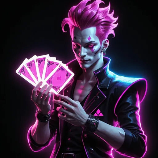 Prompt: Hisoka holding Playing Cards in his hand with neon lights on it and a black background with a pink neon light, Eddie Mendoza, altermodern, magic the gathering artwork, cyberpunk art