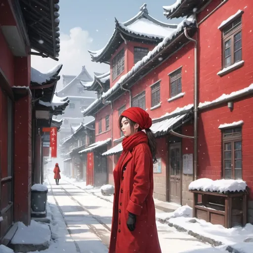 Prompt: a woman standing on a snowy street next to a building with a red scarf on her head and a red coat on, Fan Qi, computer art, anime art style, a detailed painting