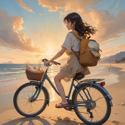 Prompt: a girl riding a bike on the beach with a basket on the back of it's seat and a backpack on the back, Ayami Kojima, figurative art, cushart krenz, a detailed painting