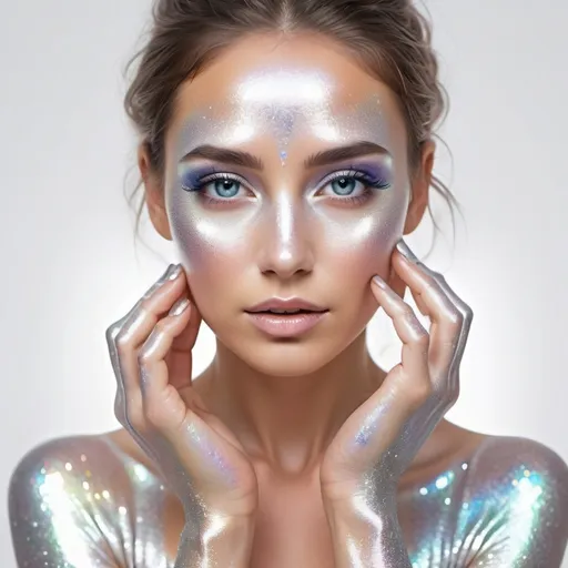 Prompt: a woman with silver glitter on her face and hands near her face and a white background with a white background, Celia Fiennes, holography, airbrush, an airbrush painting