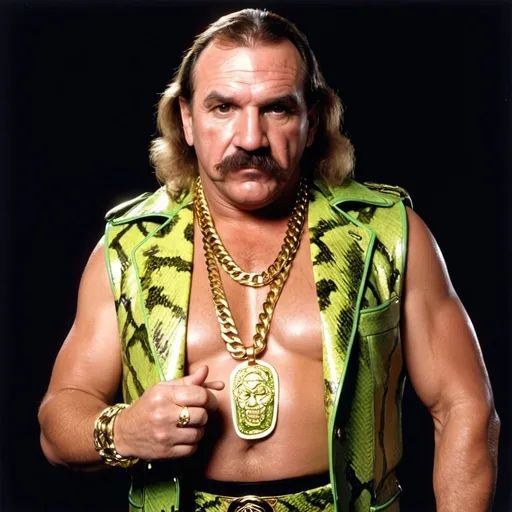 Prompt: 90s wwe themed photo of jake the snake roberts dressed as a rapper wearing a snake skin suit and a big gold chain
