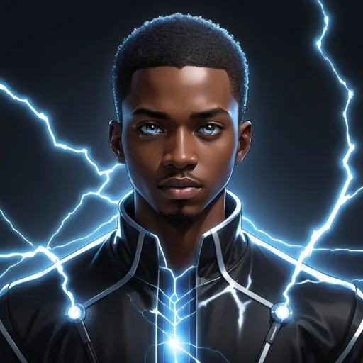 Prompt: Black male techno power magic nanotechnology futuristic anime sleek electricity