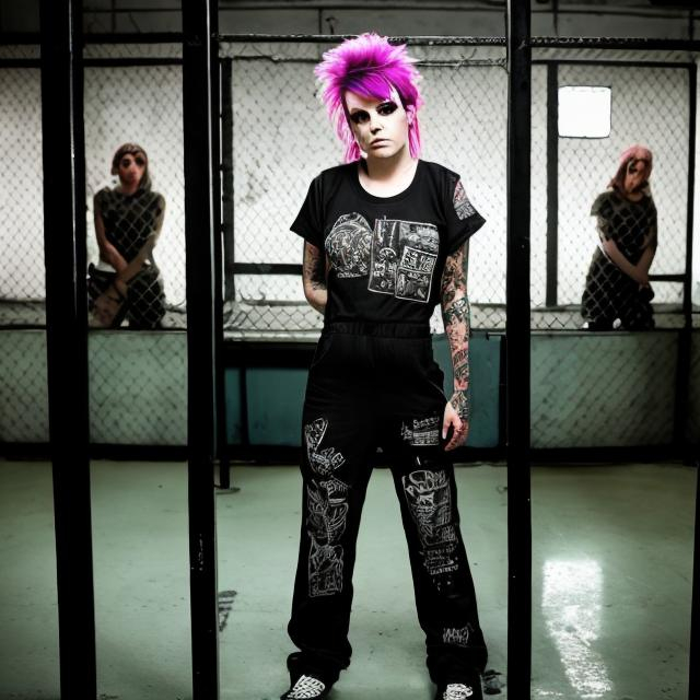 Prompt: a punk rock girl in prison wearing a jumpsuit

