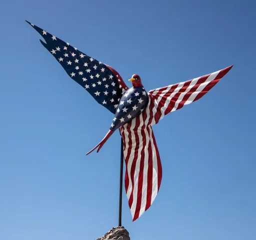 Prompt: a large american flag flying in the sky with a bird on it's back end and a star spangled on it's tail, Americo Makk, american romanticism, glorious, an abstract sculpture