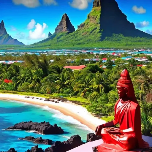 Prompt: I want to create an image for my country Mauritius in which I can show all the religions that exist here. I would also like to include the beautiful beaches of my country 