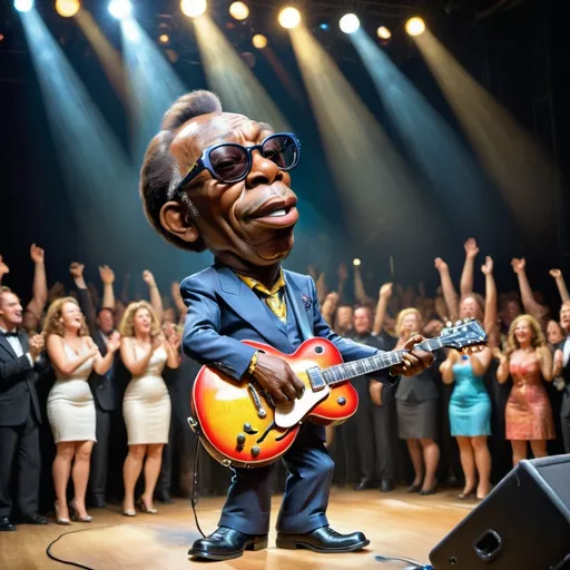 Prompt: A vibrant concert scene comes to life john lee hooker, in his iconic sunglasses
takes center stage, playing his guitar, exuding charisma and energy. He dances with wild abandon, his iconic shoes flashing with every movement, catching glimmers of light. The spotlight bathes him in a warm golden glow, contrasting the swirling hues of the audience, a sea of waving hands and ecstatic faces. Strobe lights pulse to the rhythm of the music, casting dynamic shadows that dance across the stage, enhancing the electric atmosphere. The air is thick with excitement, the sound of roaring cheers and lively tunes enveloping the night. This moment captures the essence of rock 'n' roll, rendered in a dynamic, cinematic lighting style, making every detail pop in vivid clarity.