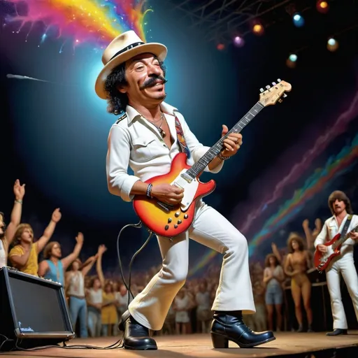 Prompt: Visualize a dynamic scene on a vibrant concert stage at woodstock 1969, where guitarist Carlos Santana with his hat on is unleashing his wild energy while playing his guitar. He’s clad in striking white coveralls that contrast sharply with his iconic black boots, illuminated by pulsating stage lights casting a dramatic glow. The atmosphere is electric, with colors swirling as the audience pulsates with excitement. In the background, creating an immersive feeling of fervor and inspiration. Pete’s face is alive with passion, his eyes closed in a moment of musical transcendence, one foot elevated on a speaker, as he bends over his guitar, fully embodying the spirit of rock and roll. Consider a cinematic lighting style to enhance the vibrant intensity of this electric performance.