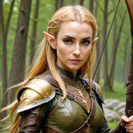 Prompt: elven woman with golden blonde hair. She wears leather armor in olive green and brown. She is an archer