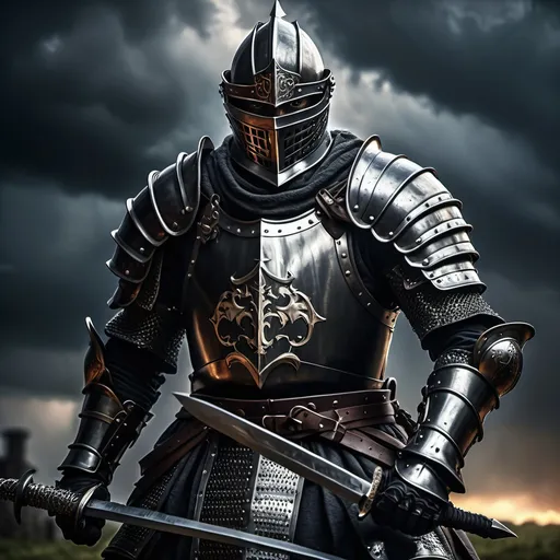 Prompt: (badass medieval knight), (black armor), gripping sword in hand, fierce expression, dramatic pose, intricate armor details, dark and moody color palette, cinematic lighting, highly detailed, stormy background, strong and powerful presence, evokes a sense of bravery and strength, captivating and intense atmosphere, ultra-detailed, 4K resolution, ready for battle.