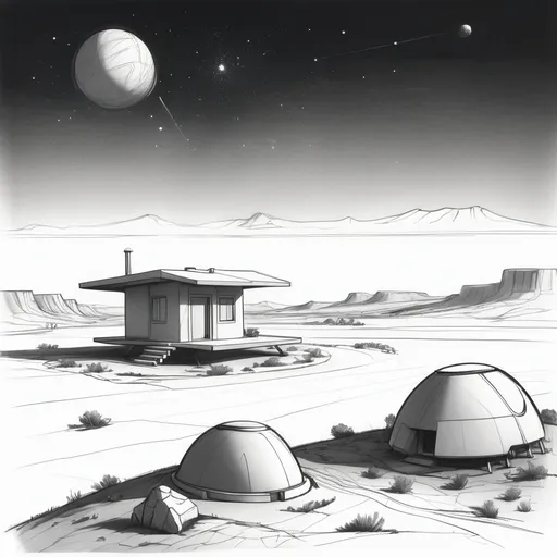 Prompt: sketch of small lonely house on the frontier with space age buildings behind it in the far distance