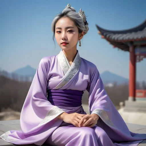 Prompt: Vivina Sola Tan, a beautiful young Asian lady, wearing a silver hair pin, with a thin purple colour Chinese Tang Dynasty clothes covers her slim fit body. Sitting quietly under the blue sky. 