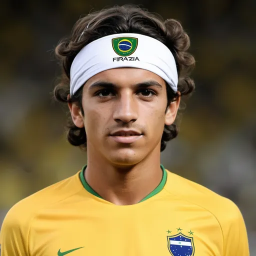 Prompt: Male soccer player named Antonio Souza, from brazil. Number two. medium length hair with headband