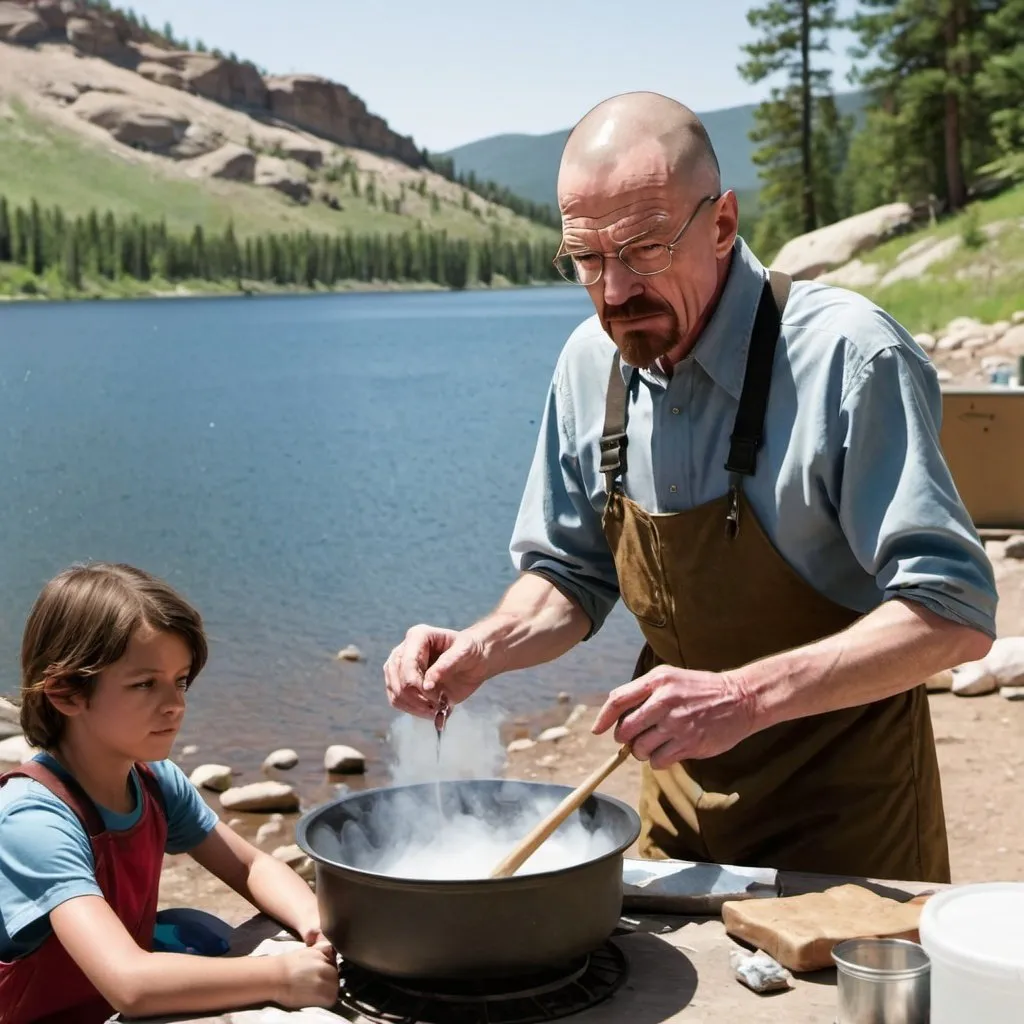 Prompt: Walter White cooking meth at a summer camp with kids in the background and a lake. steep hills behind the lake