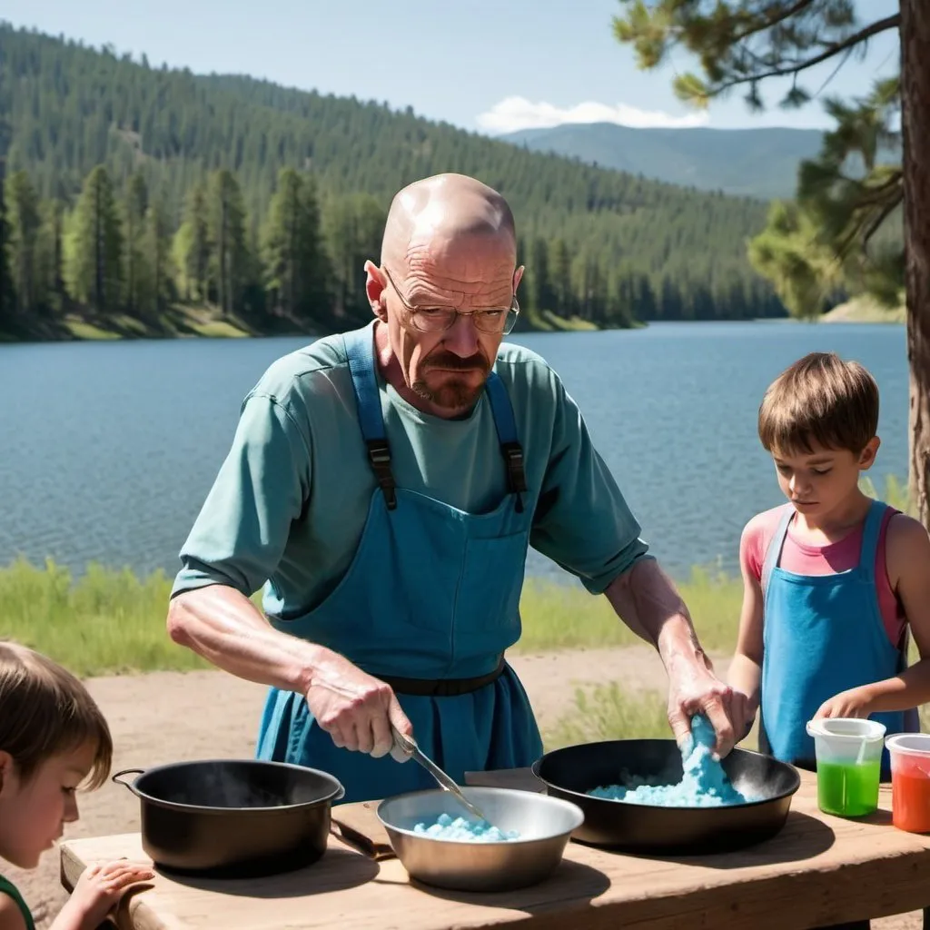 Prompt: Walter White cooking his famous blue meth at a summer camp with kids and trees in the background and a lake. steep hills behind the lake