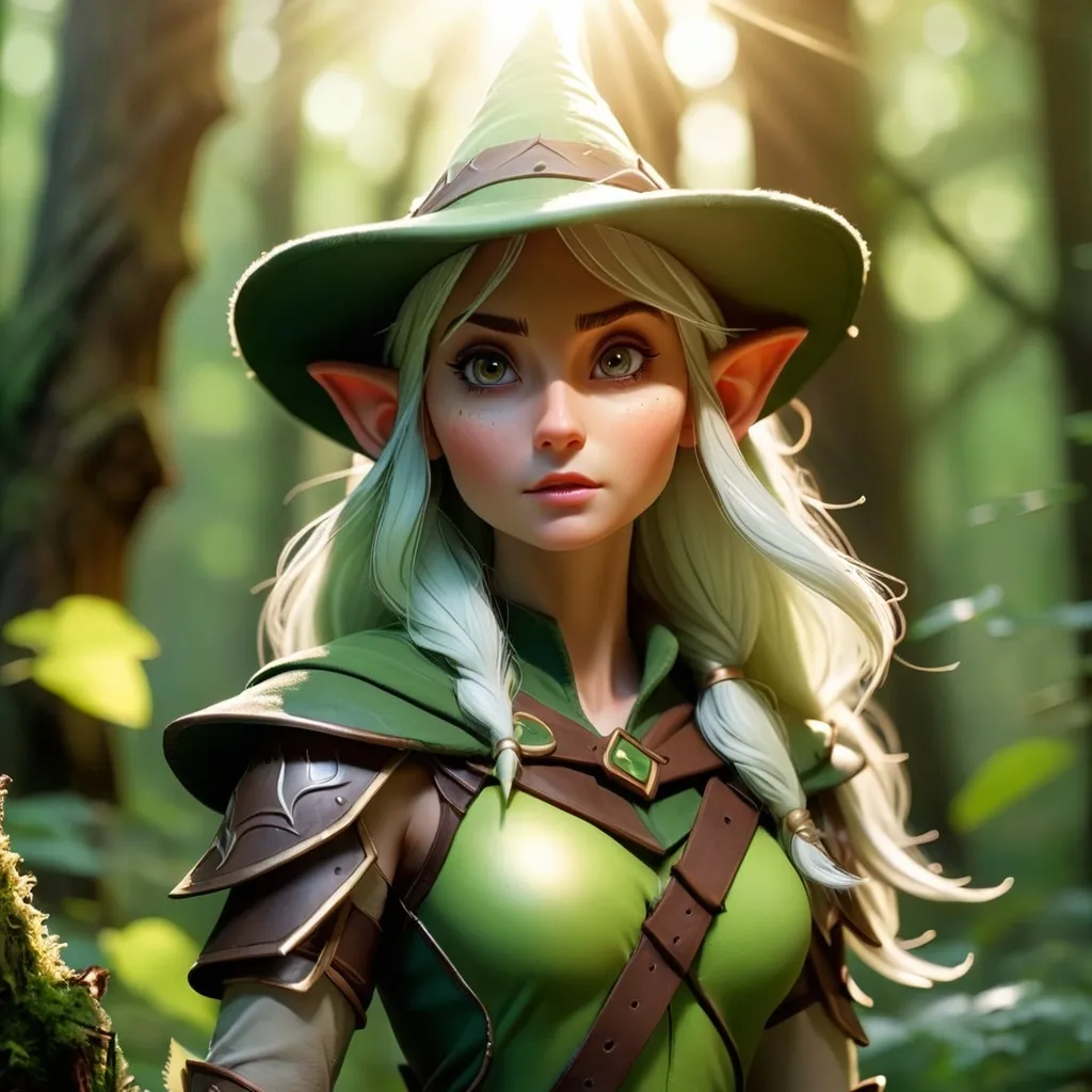 Prompt: Elf ranger in a mystical forest around sunlight