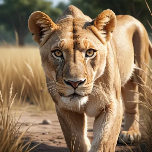 Prompt: a beautiful lioness, hunting a rabbit; with  realistic face, perfect composition, hyperrealistic, super detailed, 8k, high quality, trending art, trending on artstation, sharp focus, studio photo, intricate details, highly detailed, savanna  