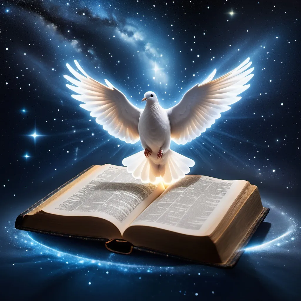 Prompt: (ultra-detailed) image of a sacred divine bible, set against a backdrop of a vast, starry space; glowing pages emanating an ethereal light, while a radiant dove descends gracefully onto the bible, enhancing its divine aura. The color palette features deep cosmic blues and brilliant whites, creating a harmonious and serene atmosphere, representing hope and tranquility.