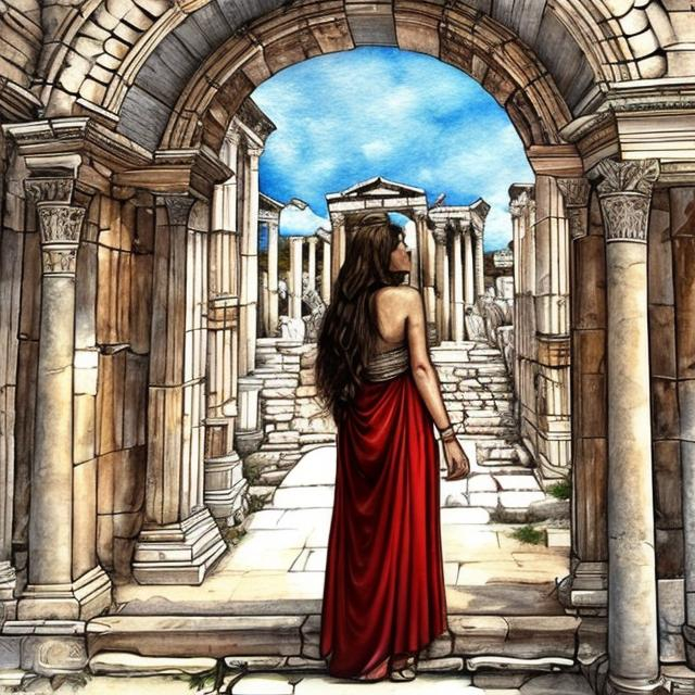 Prompt: Draw a realistic hellenistic woman standing up from behind looking through an arch in Ephesus ancient city
