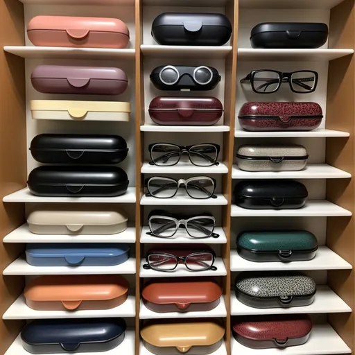 Prompt: stack of hard-shell eyeglass cases, each one slightly different in size and shape. Some  have solid colors some have patterns or textures. They’re all closed, sitting atop one another