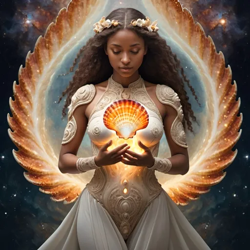 Prompt: shell body renaissance woman spiritual light nature fire water earth air galaxy wisdom