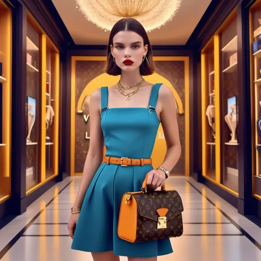 Prompt: (beautiful girl), stylish outfit, (LOUIS VUITTON accessories), vibrant colors, chic pose, luxurious vibe, high-fashion setting, elegant background, soft lighting, (high detail), (4K quality), fashionable atmosphere, runway-inspired, contemporary fashion edges, sophisticated styling, glamorous allure.