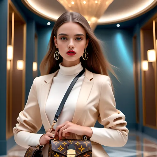 Prompt: (beautiful girl), stylish outfit, (LOUIS VUITTON accessories), vibrant colors, chic pose, luxurious vibe, high-fashion setting, elegant background, soft lighting, (high detail), (4K quality), fashionable atmosphere, runway-inspired, contemporary fashion edges, sophisticated styling, glamorous allure.