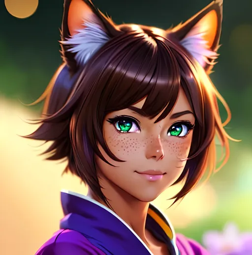 Prompt: 8k tanned cat girl with short brown hair, freckles, tan, smug, wearing purple kimono, sitting looking at camera, heterochromia, green and blue eyes, anime wide eyes, soft lighting, detailed face, by makoto shinkai, stanley artgerm lau, wlop, rossdraws, concept art, digital painting, looking into camera