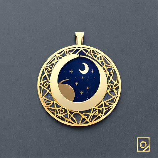 Prompt: gold Quarter moon pendant, intricate 2d vector geometric, cutout shape pendant, blueprint frame lines sharp edges, svg vector style, product studio shoot
