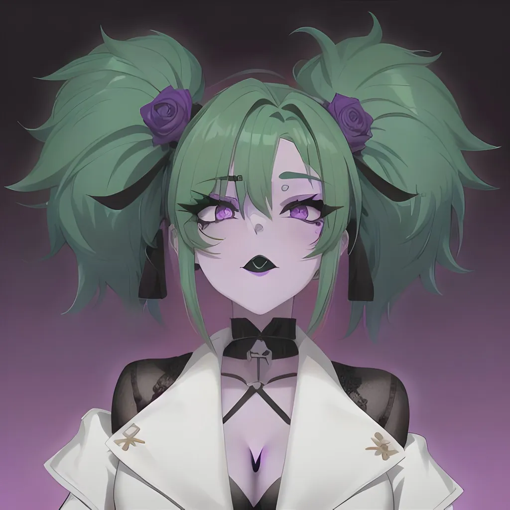 Prompt: Girl with purple skin and green hair, goth makeup