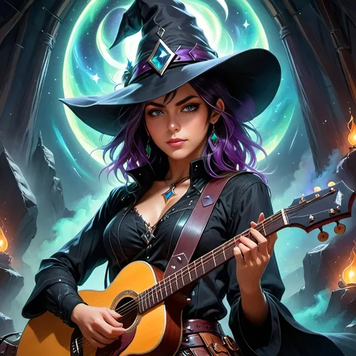 Prompt: non-binary witch rock star with hat, digital art, vibrant and edgy, intense and charismatic gaze, mystical aura, guitar in hand, heterochromia, soft lighting, detailed face, by makoto shinkai, stanley artgerm lau, wlop, rossdraws, concept art, digital painting, looking into camera