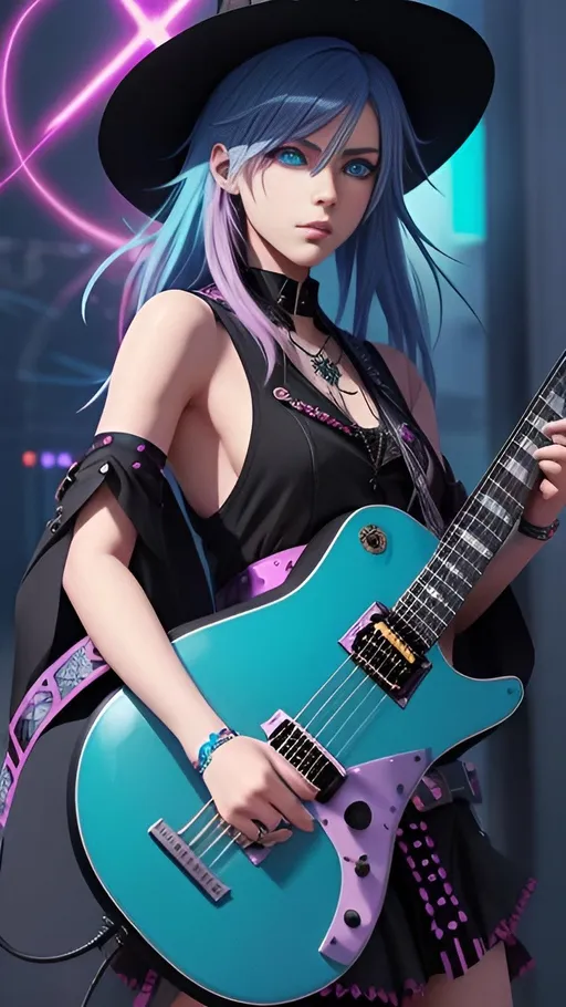 Prompt: non-binary witch rock star, digital art, vibrant and edgy, intense and charismatic gaze, mystical aura, guitar in hand, anime wide eyes, heterochromia, soft lighting, detailed face, by makoto shinkai, stanley artgerm lau, wlop, rossdraws, concept art, digital painting, looking into camera