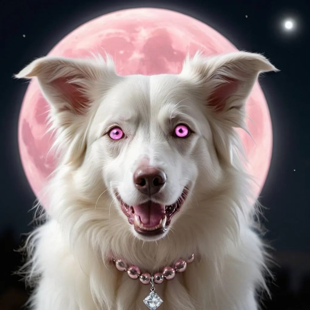 Prompt: Solid white border collie with pink eyes wearing a diamond necklace at night in the moon light 