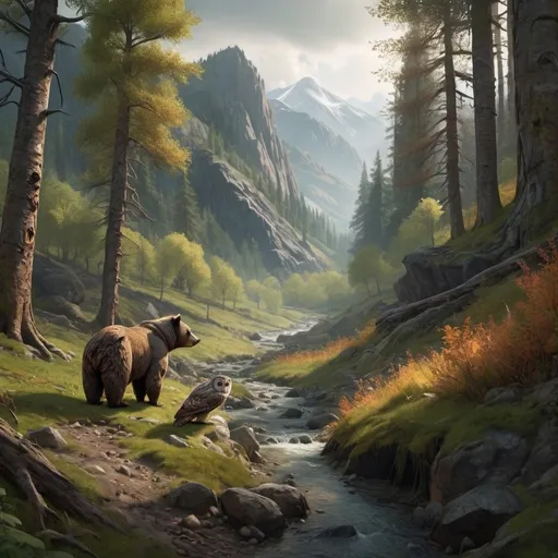 Prompt: A dry stream running through the mountains, with fish lying dead in it, 1 bear and 1 owl looking on sadly and other foret animals are watch from a far also