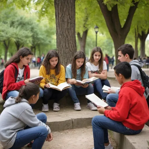 Prompt: Descripció de la imatge:

La imatge mostra un grup d'adolescents de diferents nacionalitats asseguts en un parc tranquil, en cercle, amb llibres de contes a les mans. Cada adolescent està immers en la lectura, somrient i compartint fragments dels contes amb els seus amics.

Adolescents: Diferents ètnies i cultures estan representades. Pots veure adolescents asiàtics, africans, europeus, americans, etc., vestits amb roba casual que reflecteix la seva diversitat cultural.
Entorn: El parc és verd i acollidor, amb arbres frondosos, flors de colors i un cel clar. Al fons es veu una font d'aigua i bancs amb altres persones gaudint del dia.
Llibres: Els llibres tenen portades acolorides amb títols en diferents idiomes, indicant que són contes d'altres països.
Detalls addicionals: Pots afegir alguns elements culturals propis de les diferents nacionalitats representades, com accessoris tradicionals o petites banderes dels seus països d'origen.