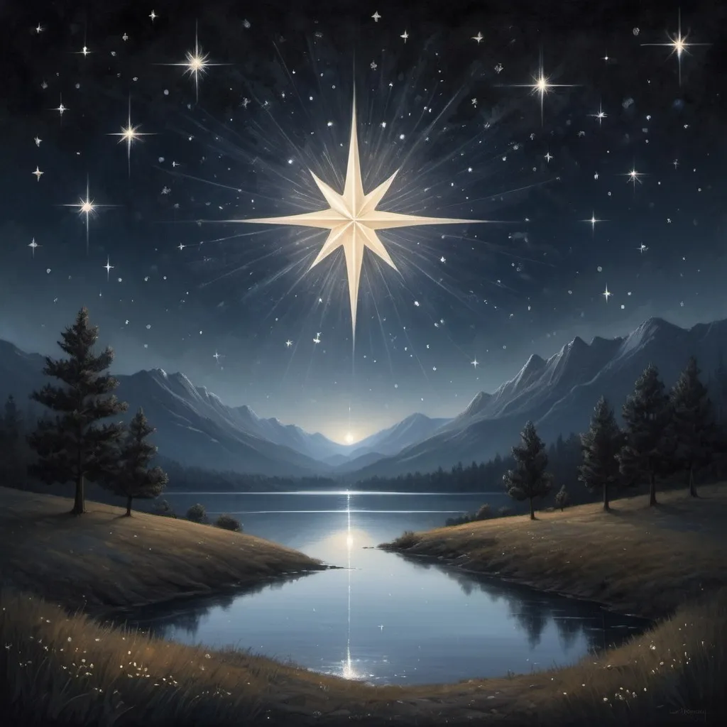 Prompt: Can you suggest a prompt that will be helpful to generate a relevant image for description: "In the serene backdrop of a dark velvet sky, a single radiant star takes center stage. The star glistens with a soft silver glow, casting a gentle, shimmering light onto the tranquil night landscape. The surrounding darkness is dotted with more distant stars, creating a celestial tapestry that seems to stretch forever. The star in focus stands out like a diamond in the sky, a beacon of hope and wonder. It symbolizes the innocence and curiosity of childhood, reminding us of the simple joys of looking up at the night sky and dreaming."