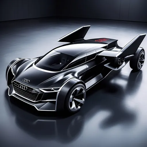 Prompt: Black Audi concept flying car, with wings, rocket exhaust