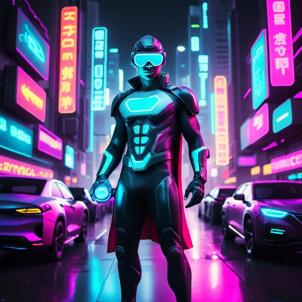 Prompt: Futuristic super hero in neon city with new technological gadgets 