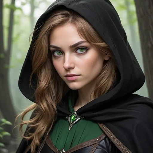 Prompt: a Rogue Human with light brown hair with highlights and green eyes.  She should wearing a black cloak