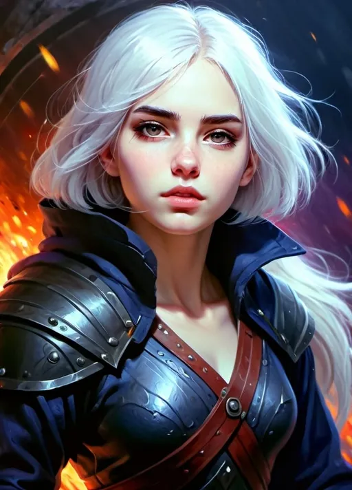 Prompt:  frame from a fantasy book, full-length portrait, fighting pose, light white bob hair above the shoulders, pale skin, beautiful face
 glare in the eyes, in the battle gear of the spednevik age, ((detailed face)), (detailed pupils 1.3), the highest detail, floating particles, smooth focus, proportions, 16k resolution. A young girl with a kind look. You don't need armor, you just need a closed jacket or a brown sweater. Image style - oil painting. art